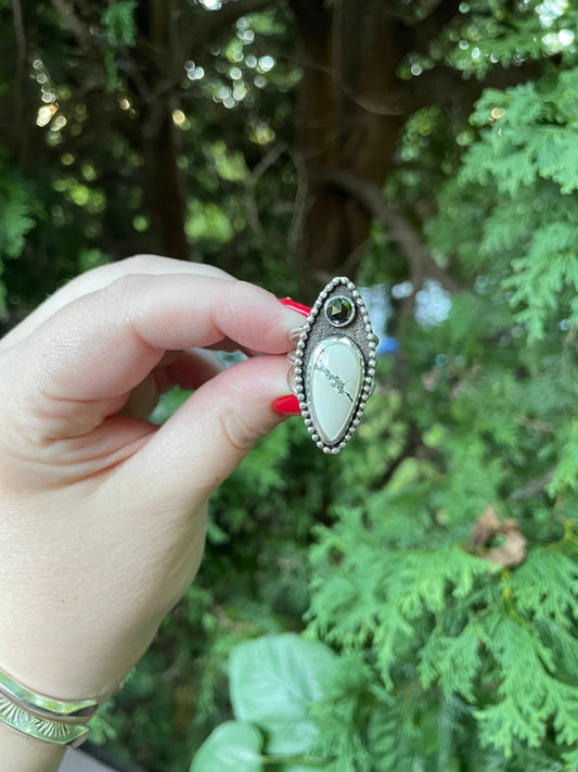 Lovely ivory creek variscite ring with black diamond accent, size 7, set in fine and sterling silver