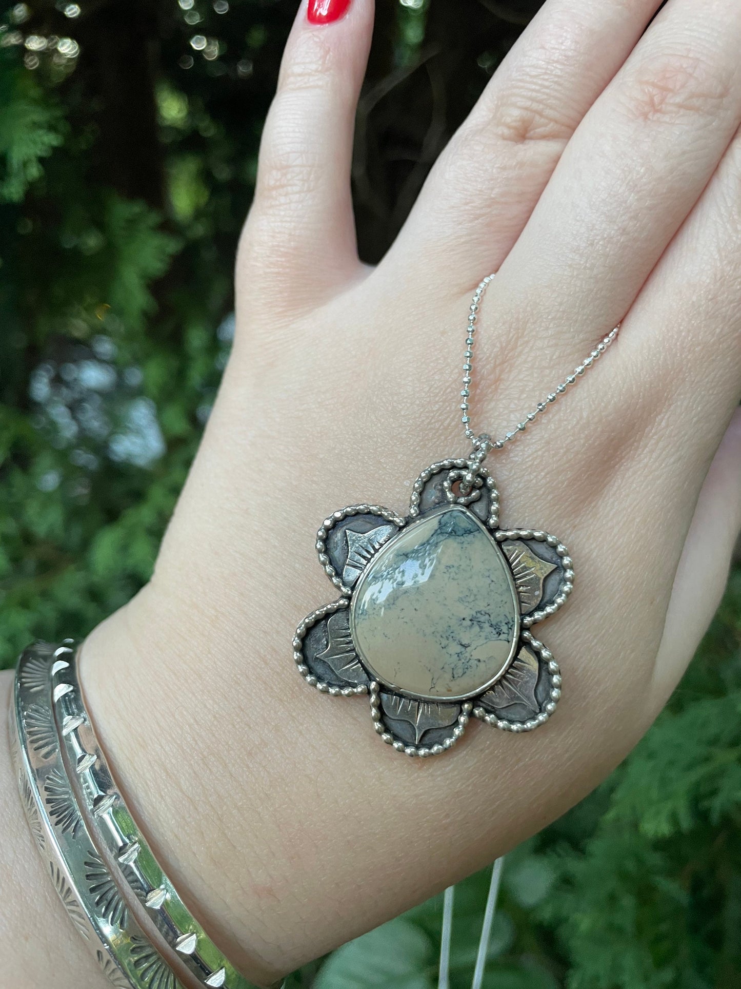 Ivory creek variscite flower pendant on 24" beaded sterling silver chain