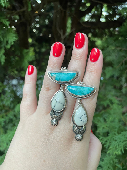 Vibrant handmade tyrone turquoise and ivory creek variscite statement earrings with hand-stamped detailing