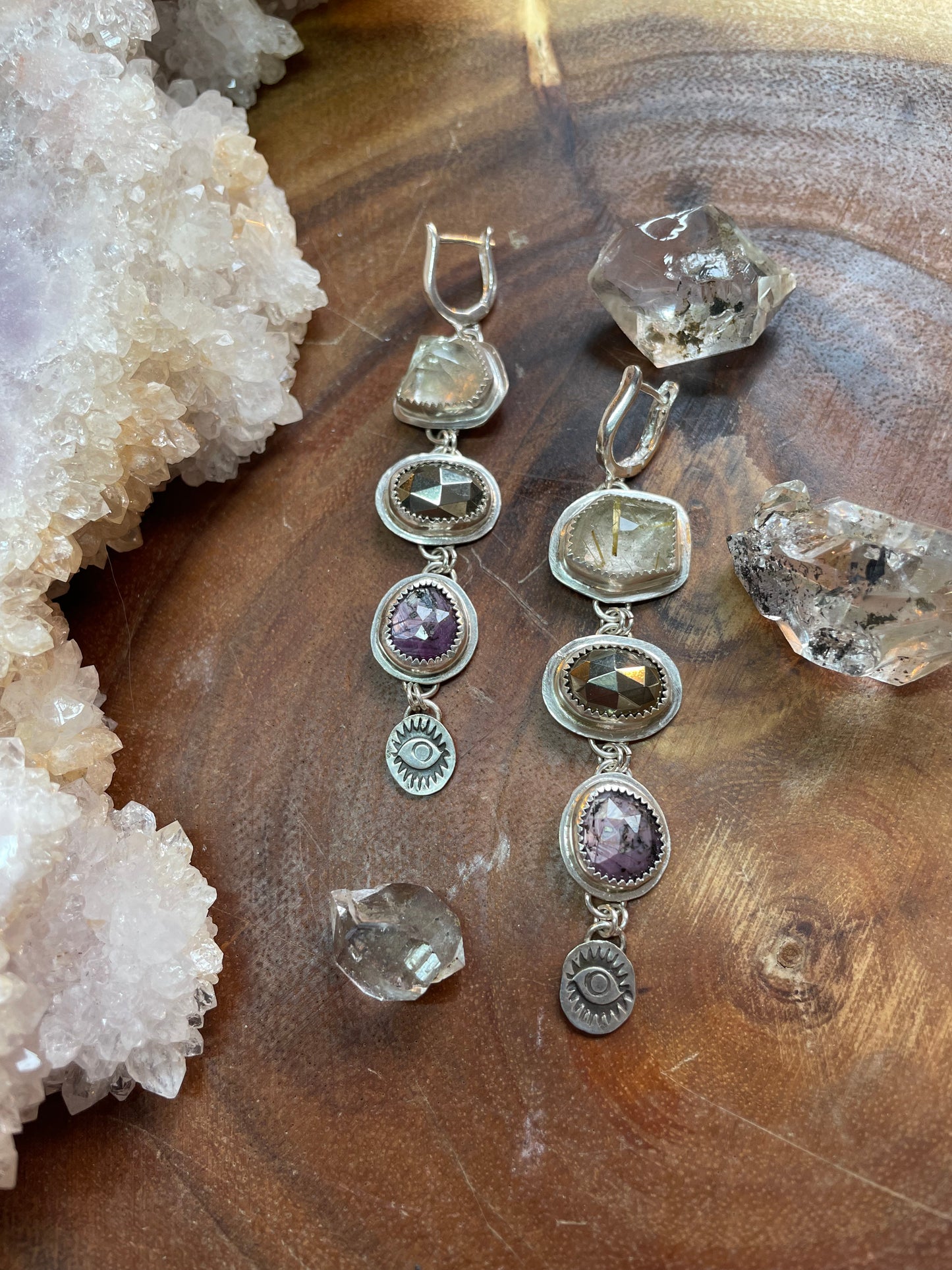 Stunning rutile quartz, sapphire, pyrite earrings
