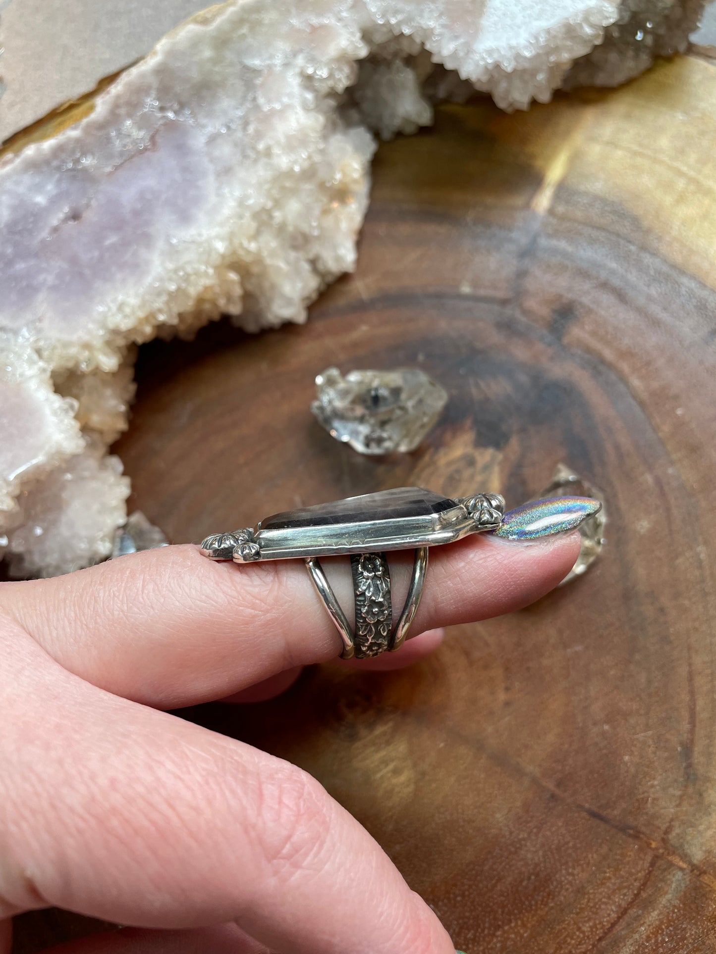 Coffin cut gothic sapphire statement ring, size 7