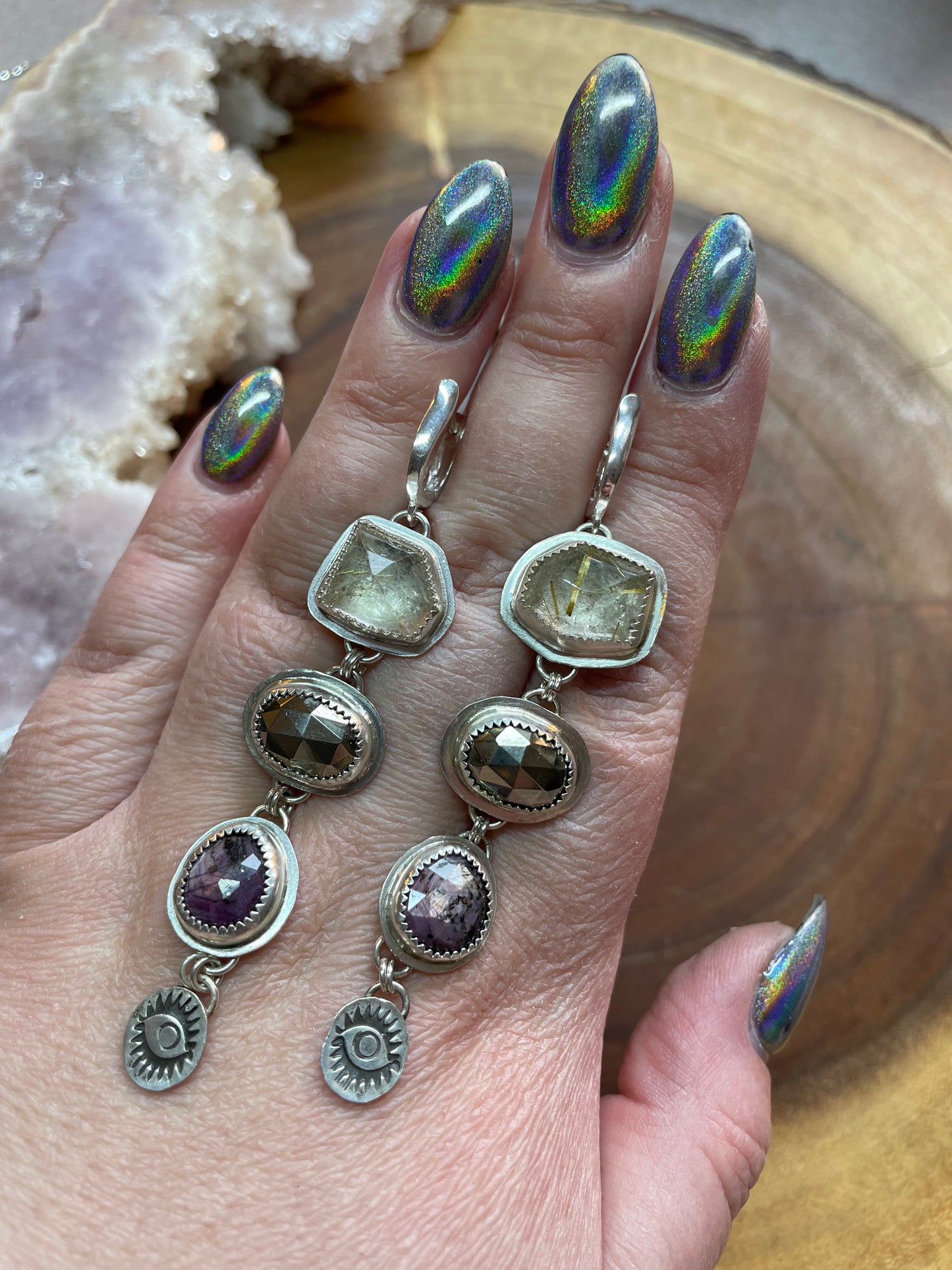 Stunning rutile quartz, sapphire, pyrite earrings